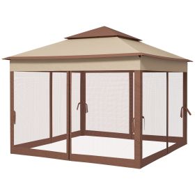Outdoor Patio Pop Up Canopy Gazebo Shelter with Zipper Netting, Carry Bag, 11' x 11', Khaki